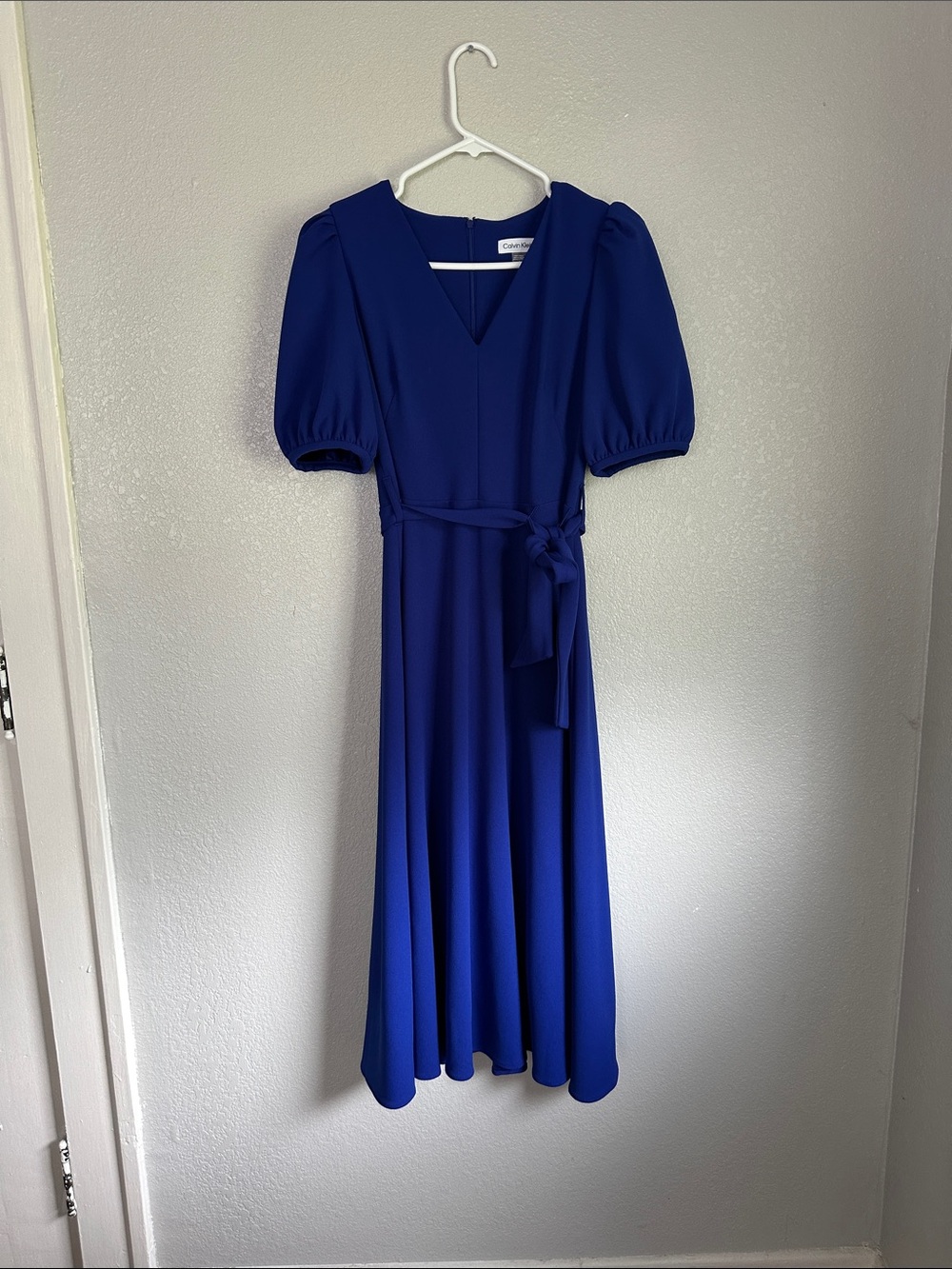 Calvin Klein Blue Formal Tie Waist Short Sleeve Midi Dress